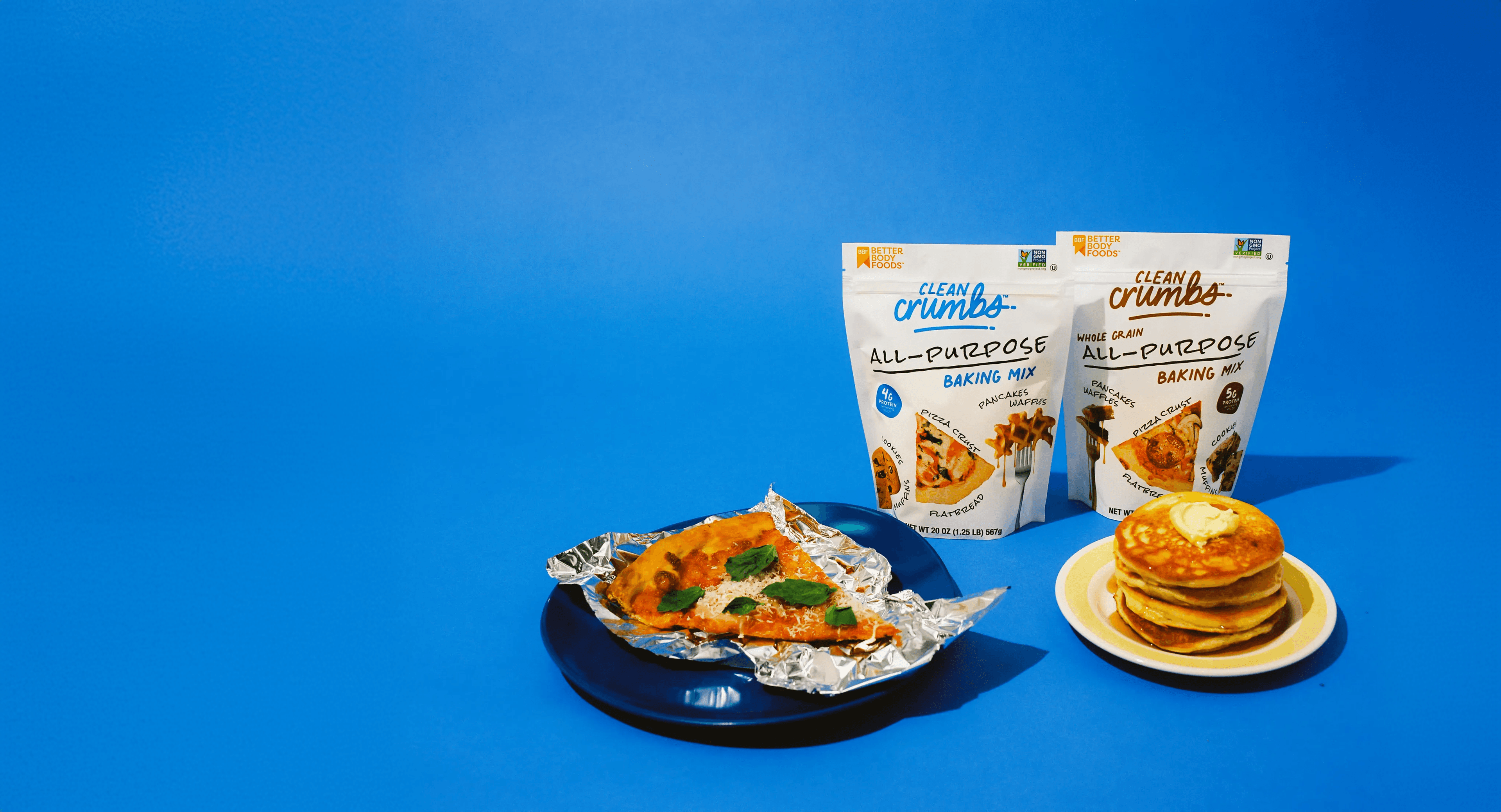 Clean Crumbs baking mixes with pizza and pancakes.