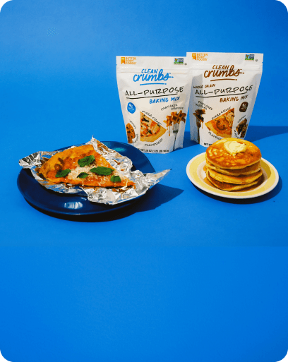 Clean Crumbs baking mixes with pancakes and pizza.